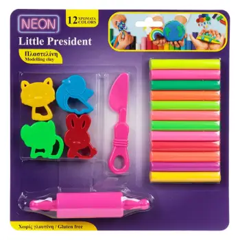 Set plasteline me 12 ngjyra të ndryshme neoni me forma, rul dhe thikë - 18 copë